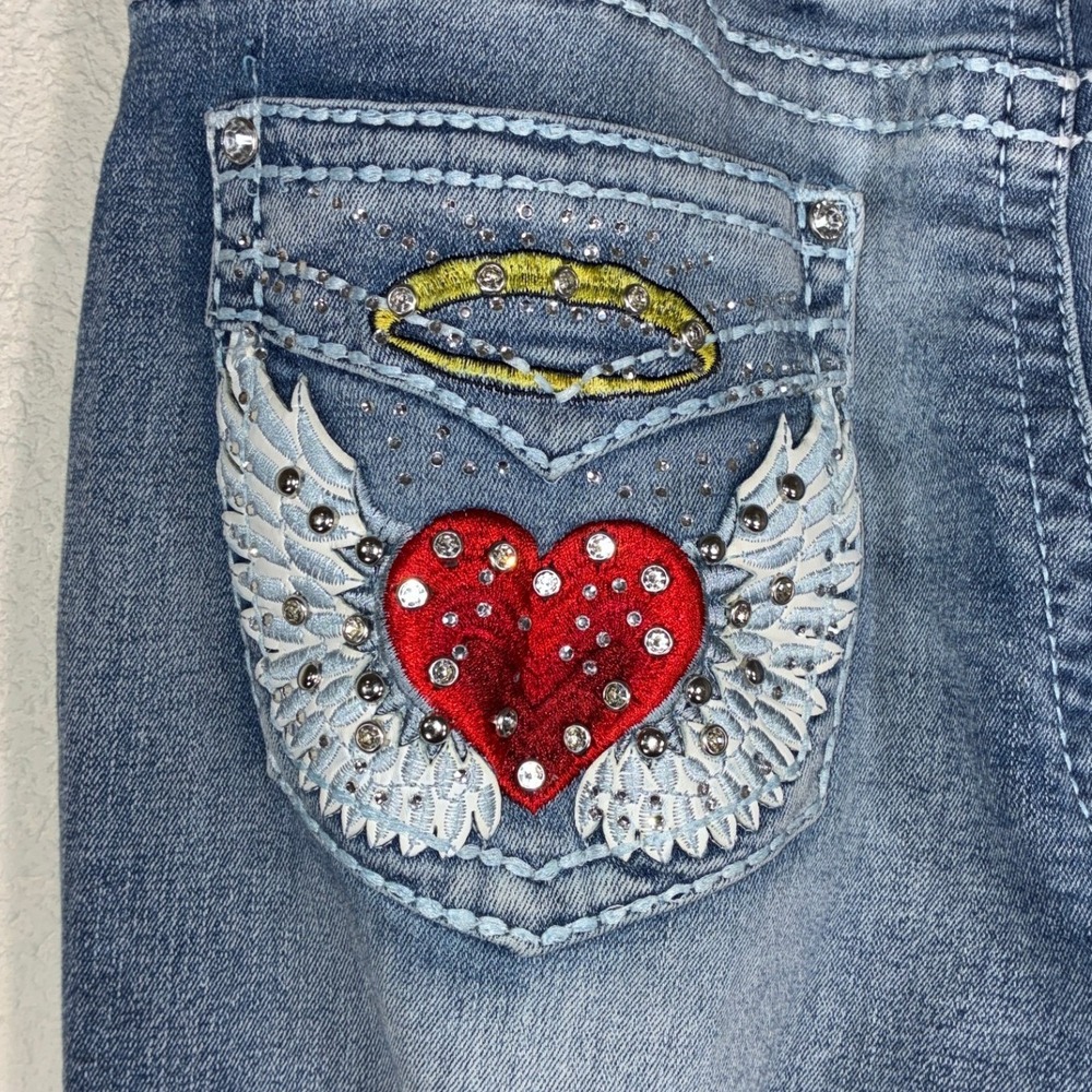 Sky Blue Wash Y2K Flare Jeans Winged Heart Halo Rhinestone Embellished Denim